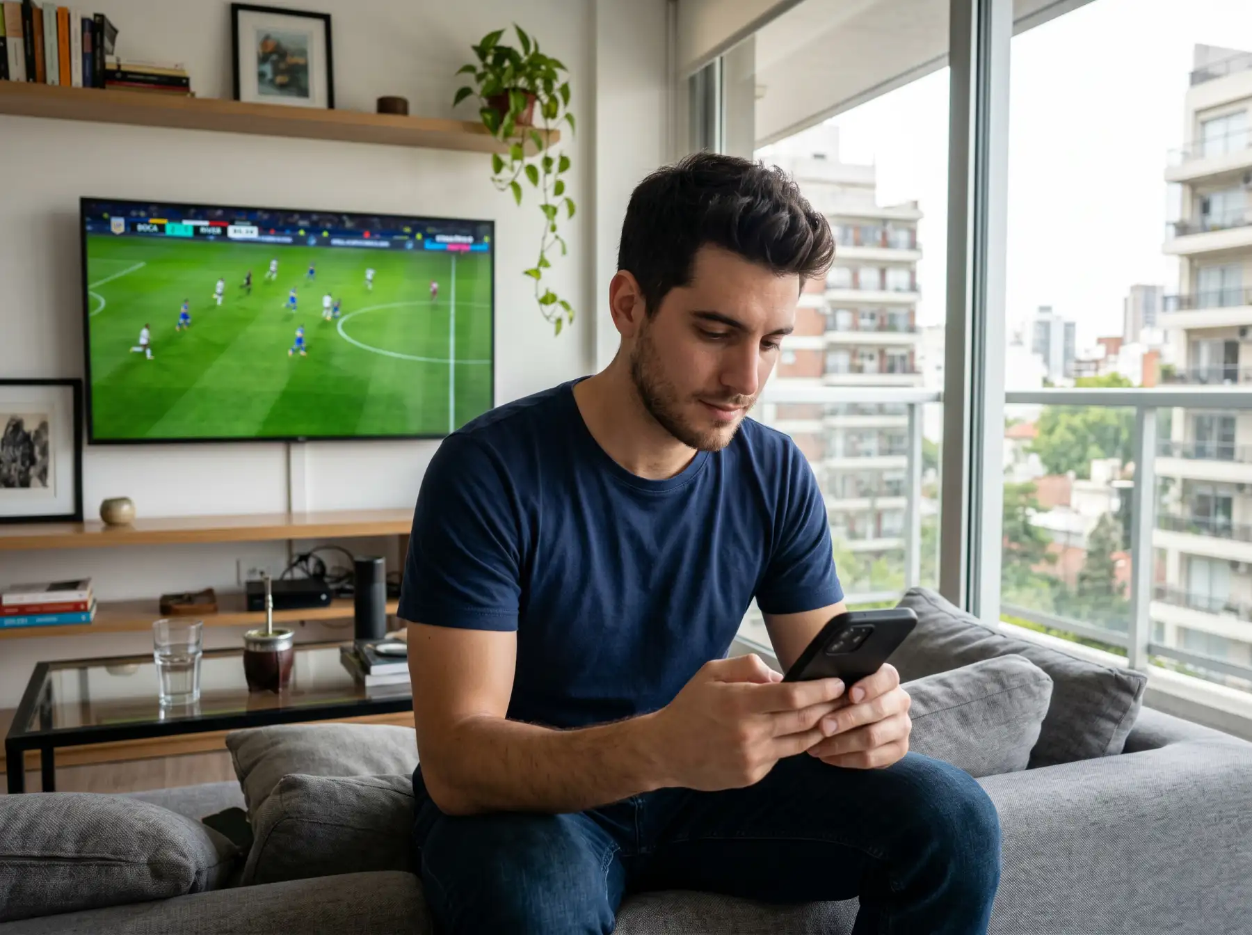 Persona usando una aplicación de apuestas deportivas en smartphone viendo un partido de fútbol argentino