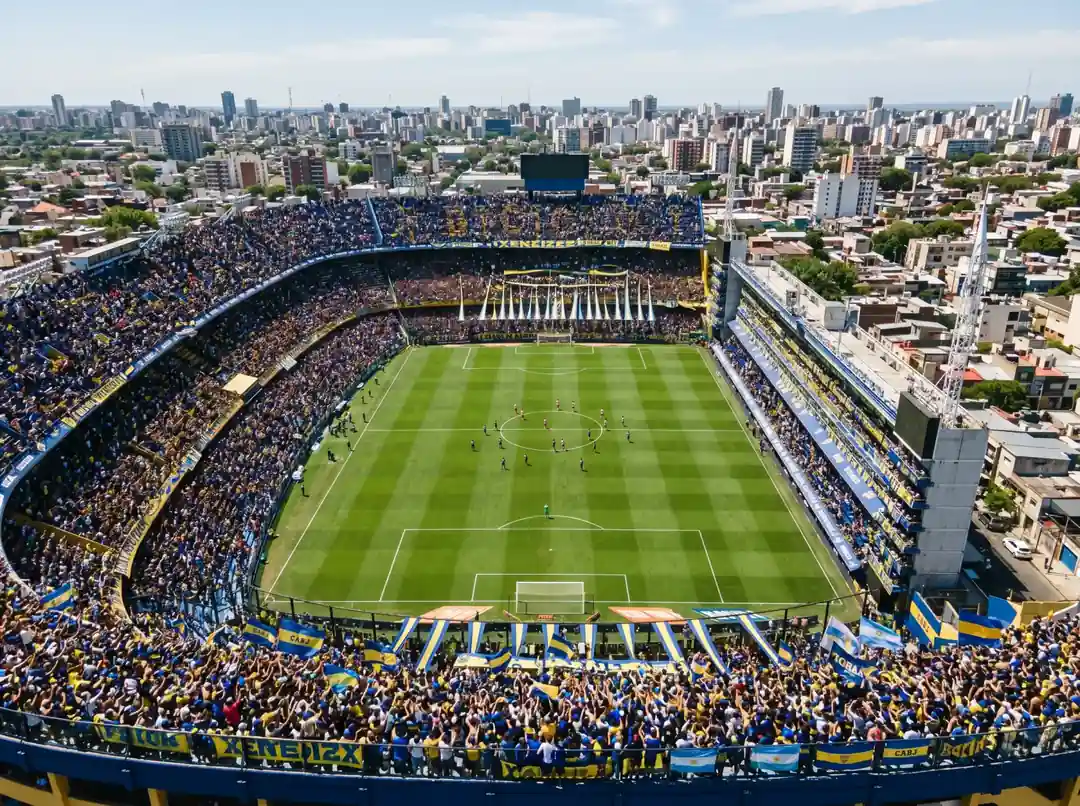 Estadio de fútbol argentino lleno con hinchas en La Bombonera durante un partido de Liga Profesional